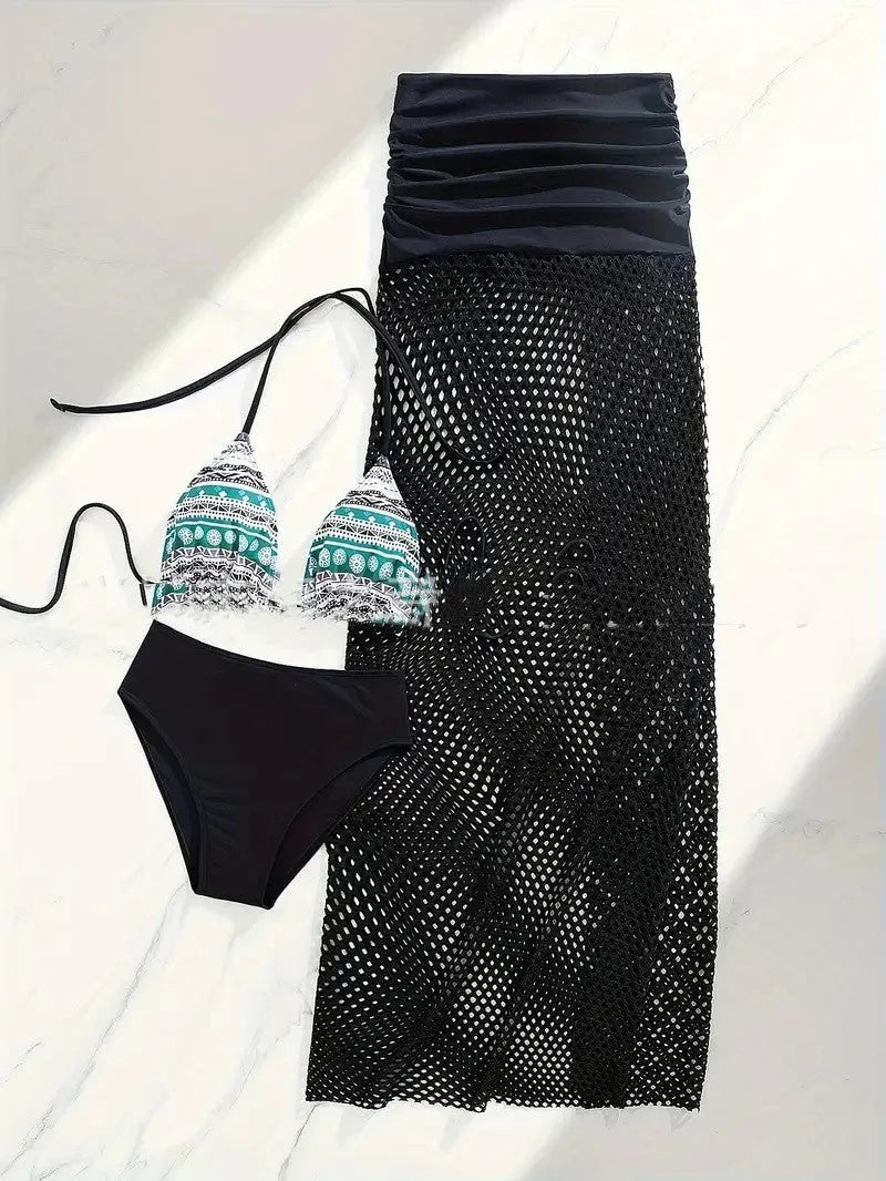 Women's brown bikini set with long fishnet skirt and gradient pattern