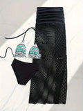 Women's brown bikini set with long fishnet skirt and gradient pattern