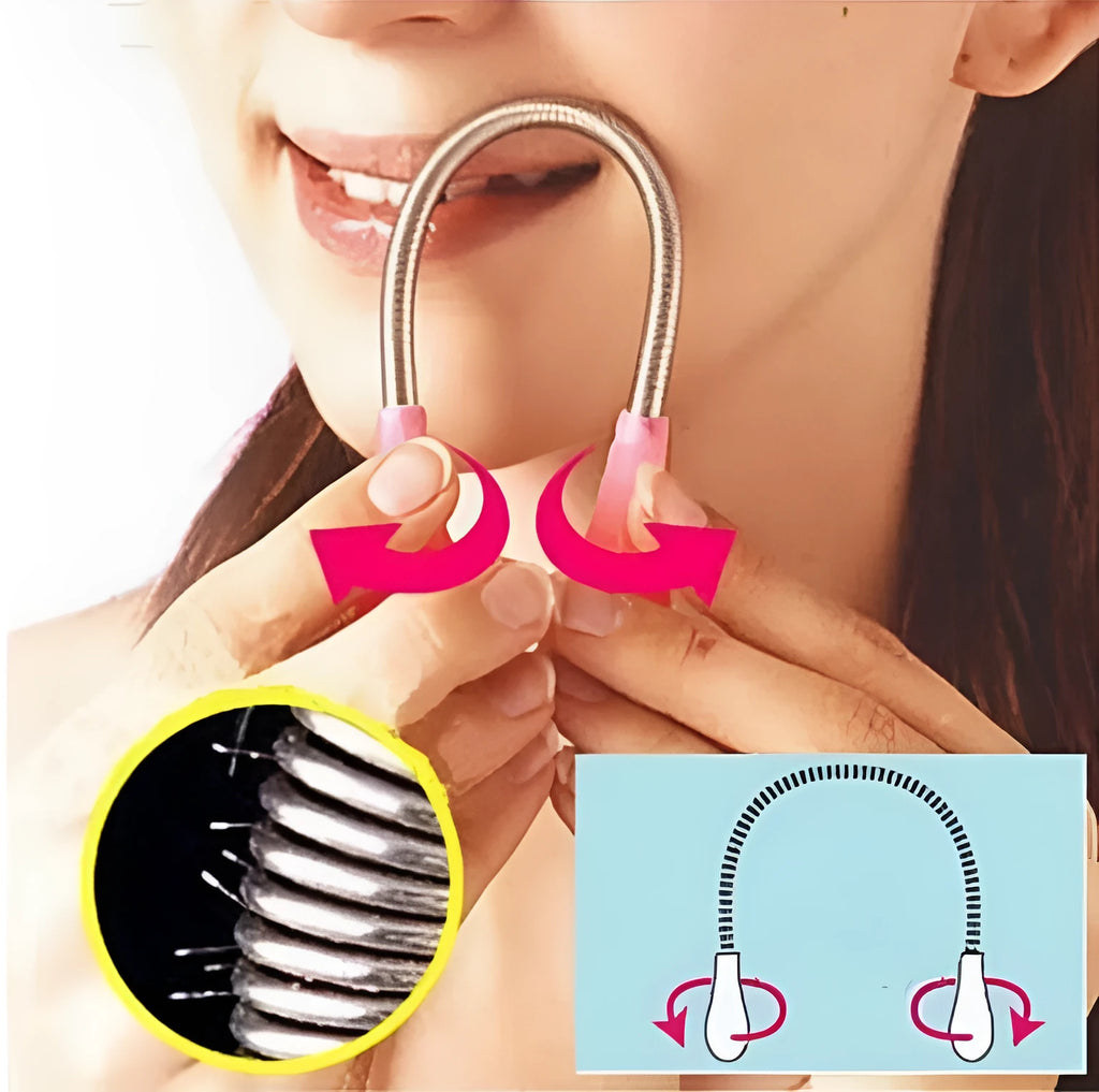 Pink manual spring facial hair removal device for face and lip hair, PP plastic, 19cm length
