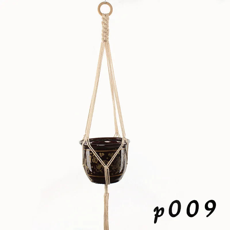 Woven wire cotton rope plant hanger macramé pot holder in European American village style