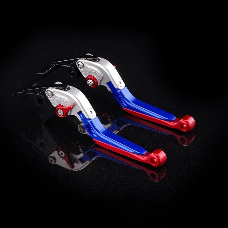 Motorcycle horn handle brake lever retrofitting kit showing adjustable mechanism and colour options