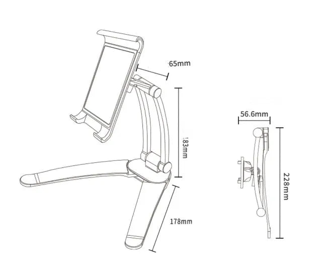 Silver aluminium desktop tablet stand with adjustable angle and folding clamp holding a tablet.