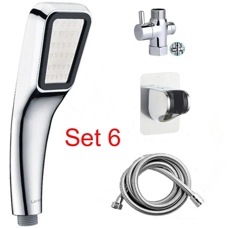 Orange hand-held pressurised shower unit with hose, showing rain shower head and control button.