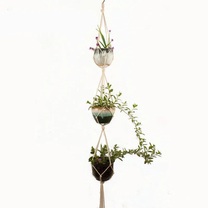 Woven wire cotton rope plant hanger macramé pot holder in European American village style