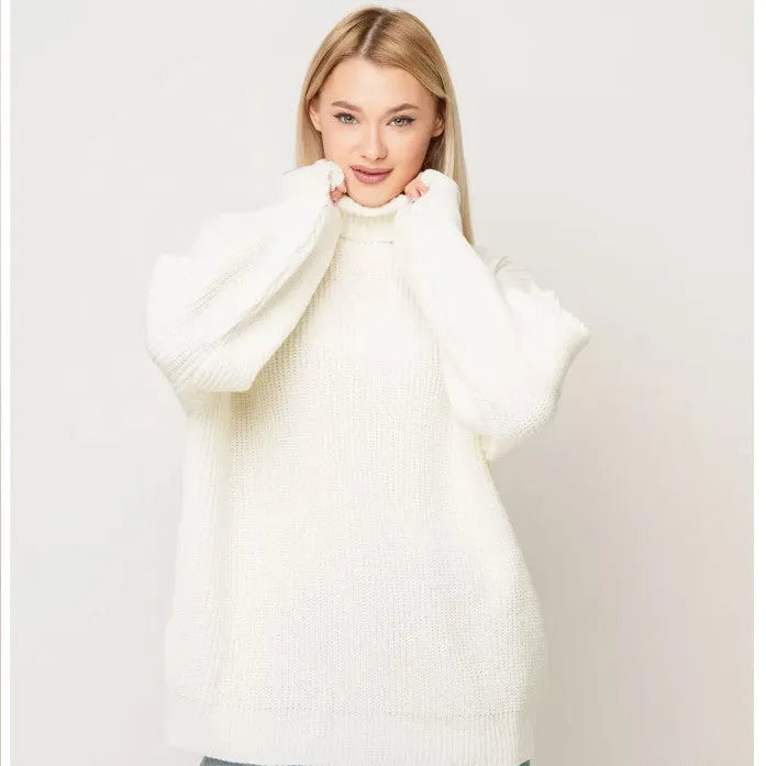 Women's sky blue loose high neck pullover sweater made from thick imitation cashmere fabric.