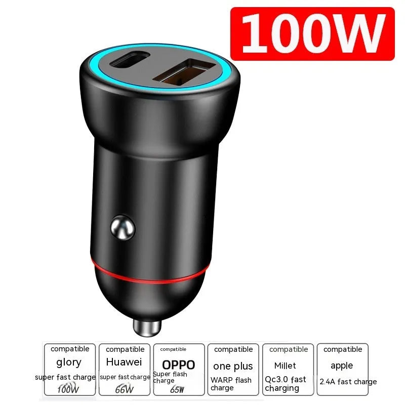 Black zinc alloy car charger with USB port, showing compact dimensions for vehicle use.