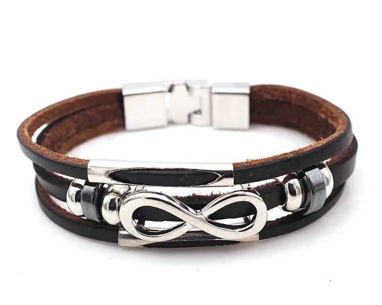 Men's Leather Bracelet Figure 8 Infinity Symbol Cowhide Retro European and American Style Unisex Black Brown Electroplated Silver Pendant Chain Independent Packaging
