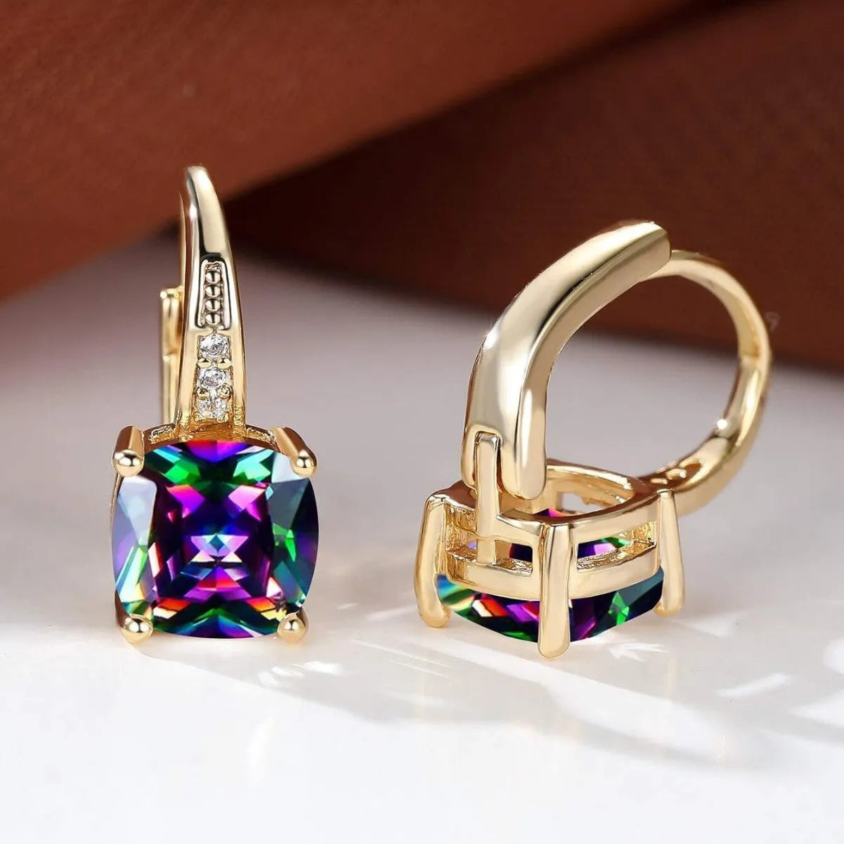 Square geometric moissanite ear clip in gold electroplated finish with quadrilateral design