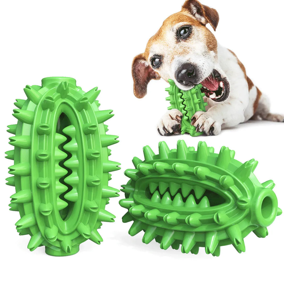 Green or yellow cactus-shaped dog chew toy for dental care, made from durable rubber.