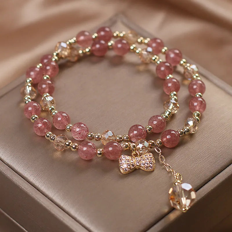 Women's double-layer strawberry quartz bracelet with Lucky Cat charm and red cat's eye flowers