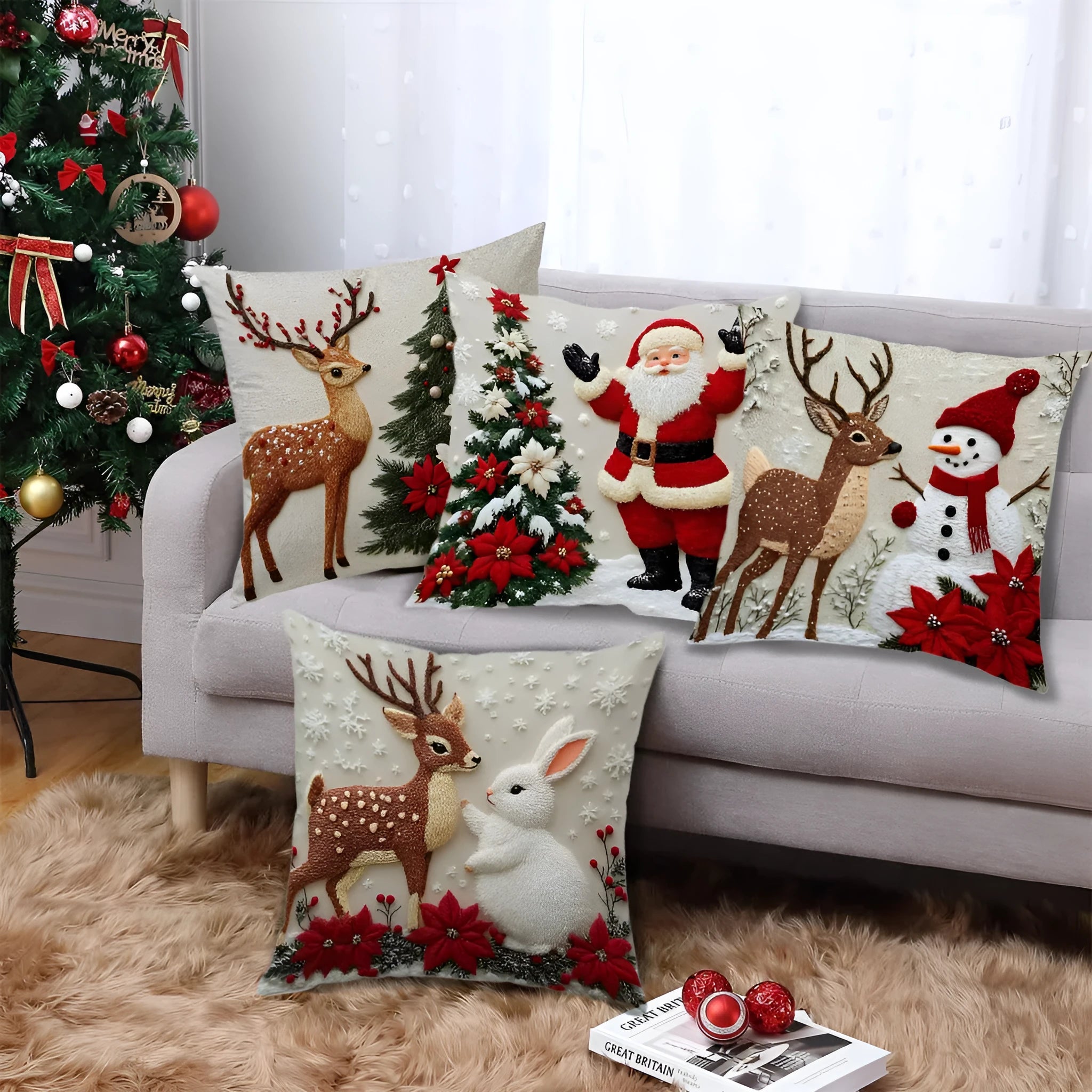 Christmas festival elk rabbit print linen pillow cover 45x45 cm for sofa decor