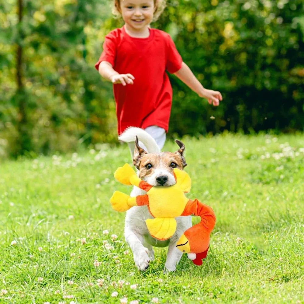 Squeaky screaming chicken dog chew toy in black, green, and orange rubber.