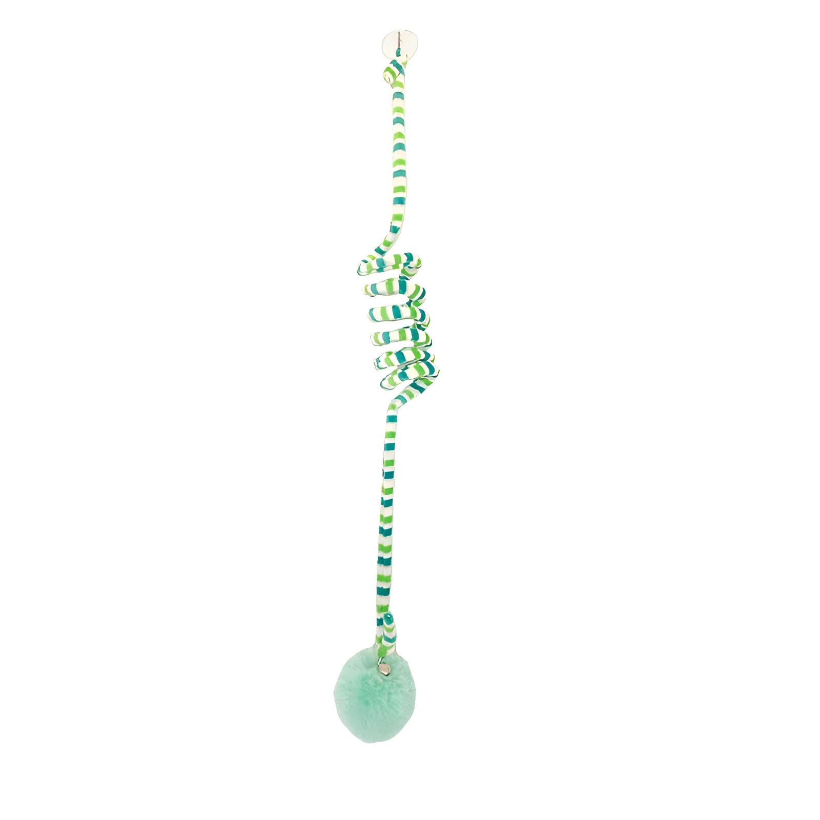 Hanging cat toy with long spring, inflatable ball, bell, and suction cup in various colours