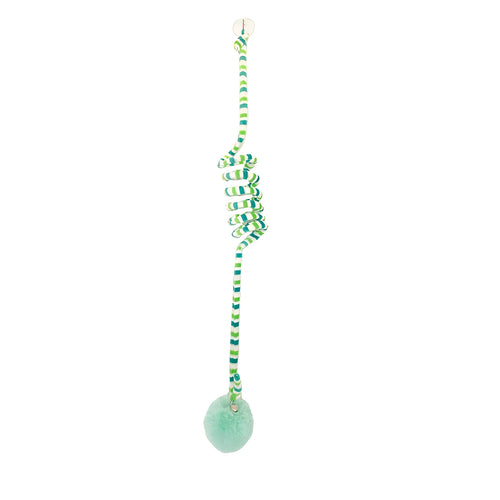 Hanging cat toy with long spring, inflatable ball, bell, and suction cup in various colours