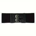 Women's wide black synthetic leather elastic waistband with single loop, adjustable 60-80 cm, on a white background
