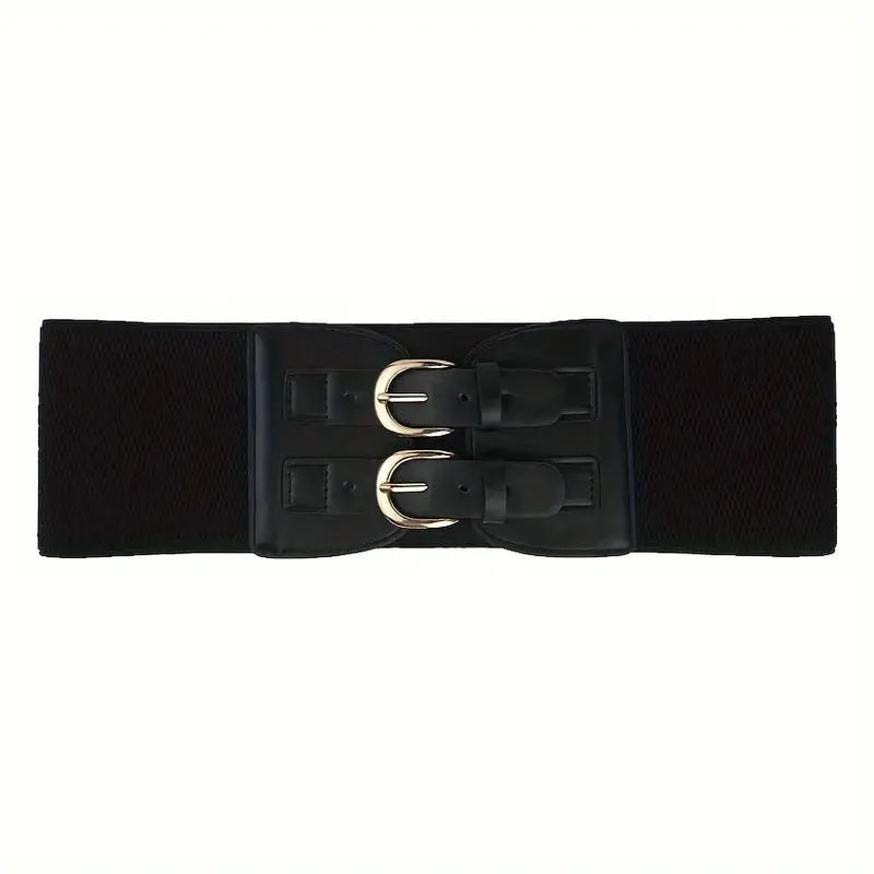 Women's wide black synthetic leather elastic waistband with single loop, adjustable 60-80 cm, on a white background