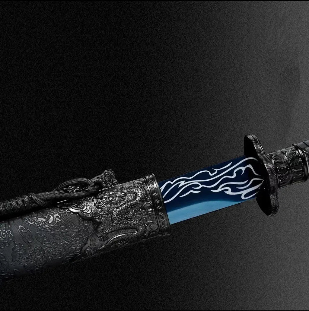 Liuying Tang Dynasty horizontal sword with 65 manganese steel blade and leather-covered wood scabbard on white background