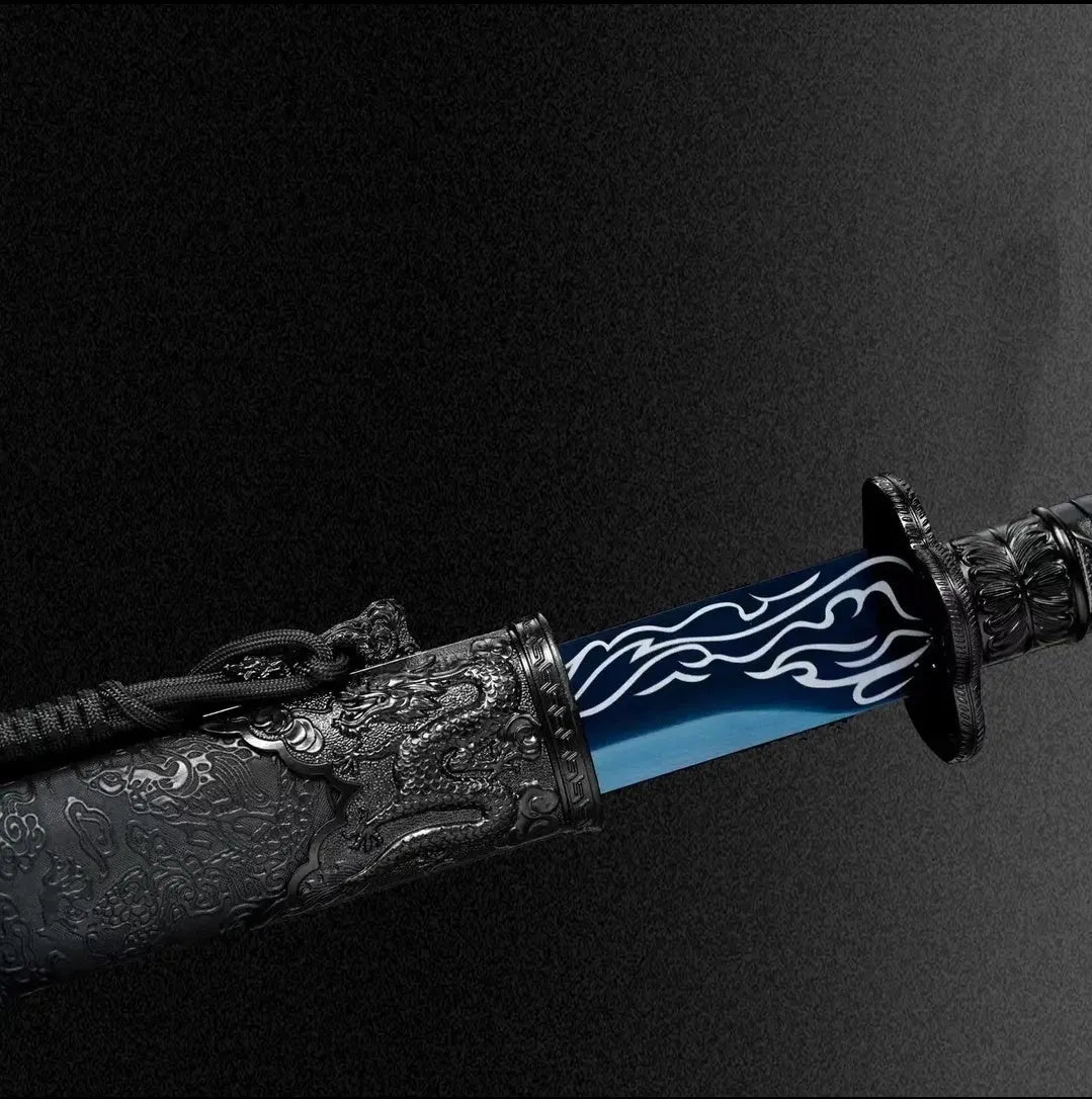 Liuying Tang Dynasty horizontal sword with 65 manganese steel blade and leather-covered wood scabbard on white background