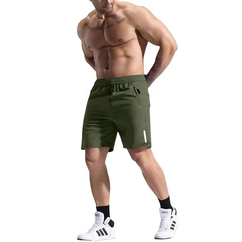 Men's elastic waist shorts in army green made from bamboo and polyester blend fabric for sports.