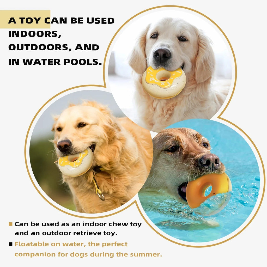 Pink, chocolate and yellow TPR donut-shaped dog chew toy with textured dental cleaning surface