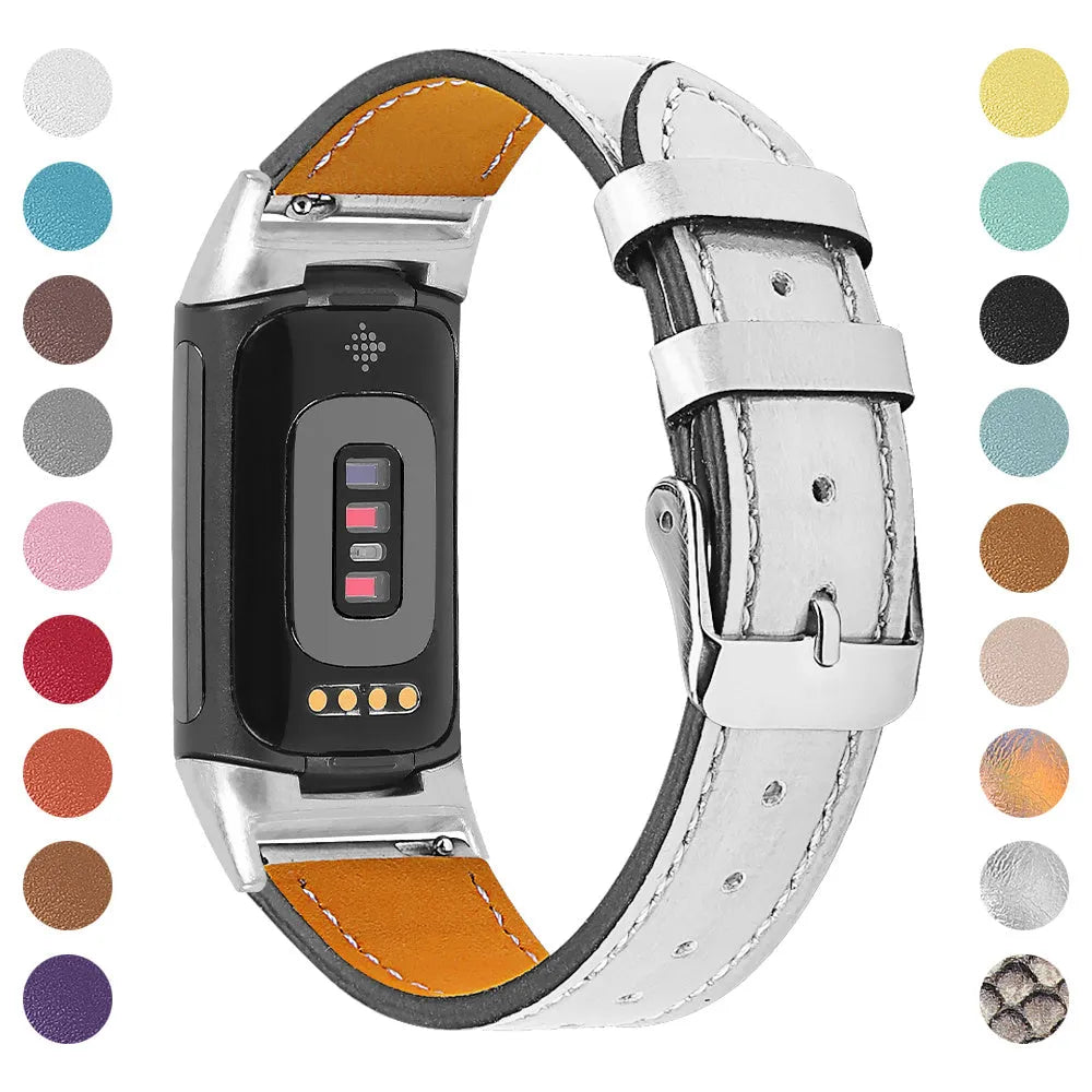 Genuine cowhide leather replacement watch strap for Fitbit Charge 5 and Charge 6 smartwatches.