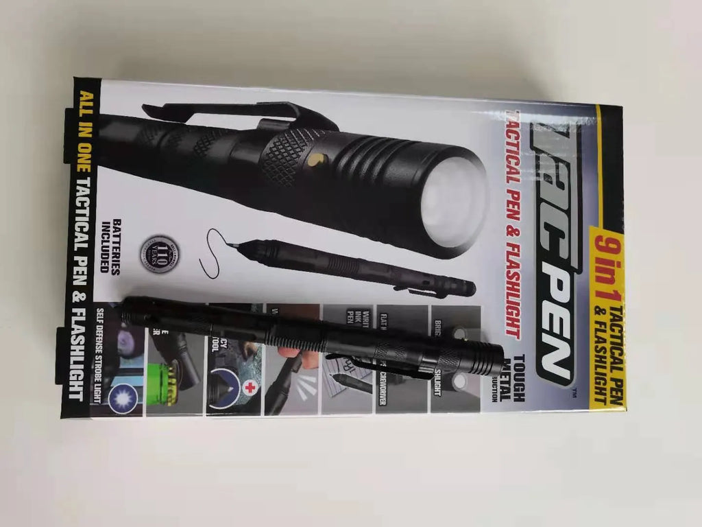 Black nine-in-one multi-function flashlight pen with car window breaker and dual light source for EDC outdoor use