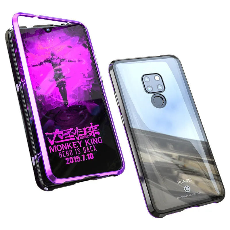 Magnetic Huawei phone case with metal frame and clear tempered glass back