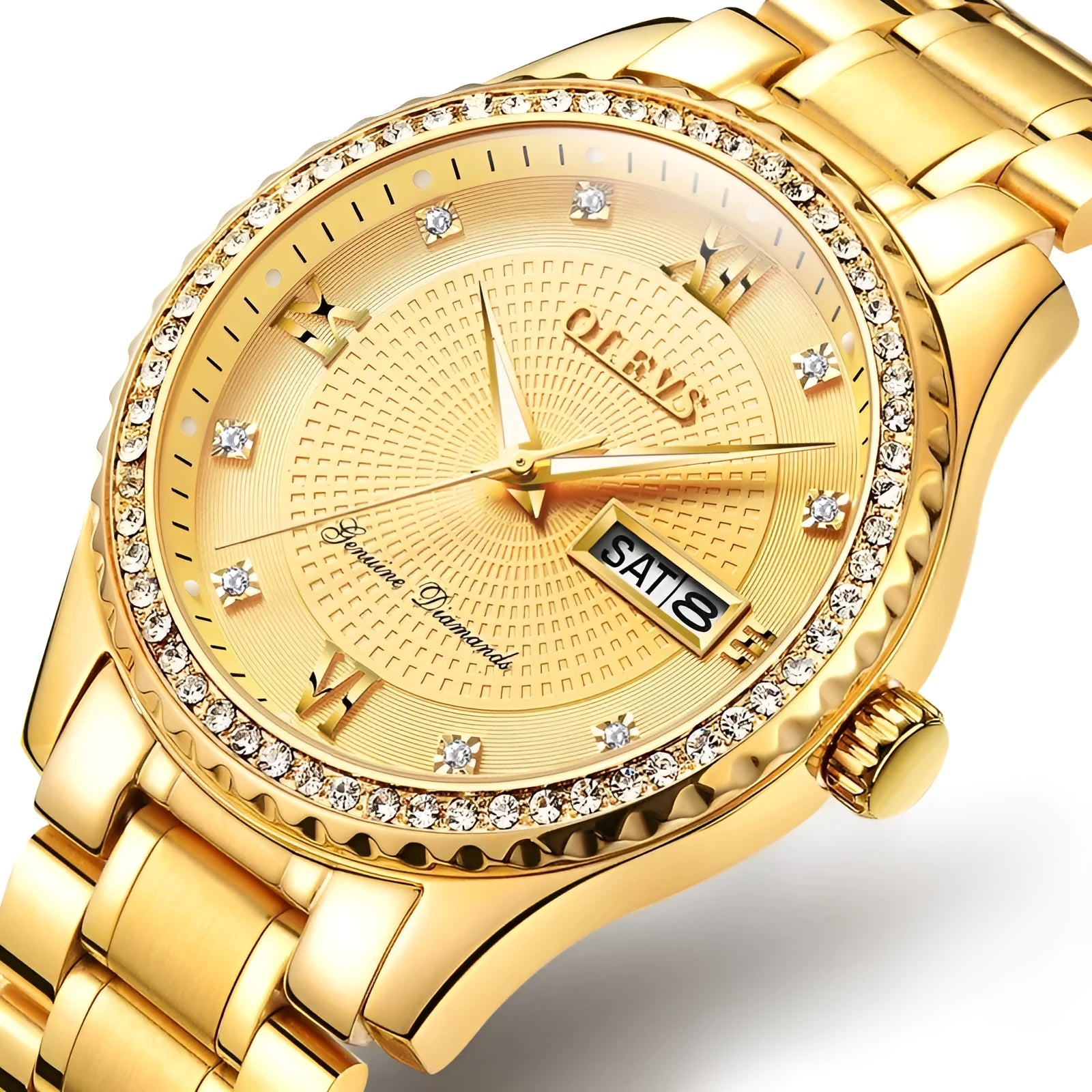 Men's 40mm quartz watch with luminous display, calendar, week indicator, stainless steel strap, round alloy case