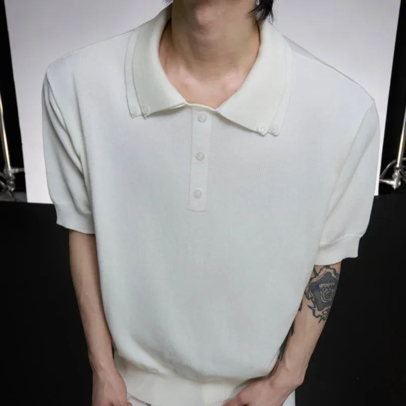 Men's black double collar short sleeve polyester shirt with lapel design
