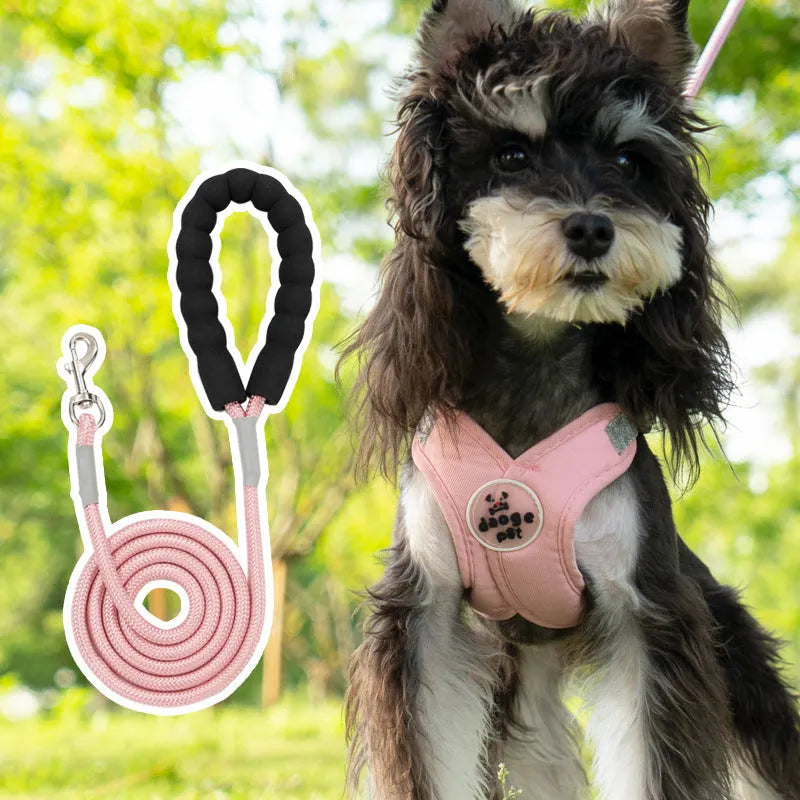 Polyester dog harness and lead set in matching colours with adjustable vest and hand-holding rope