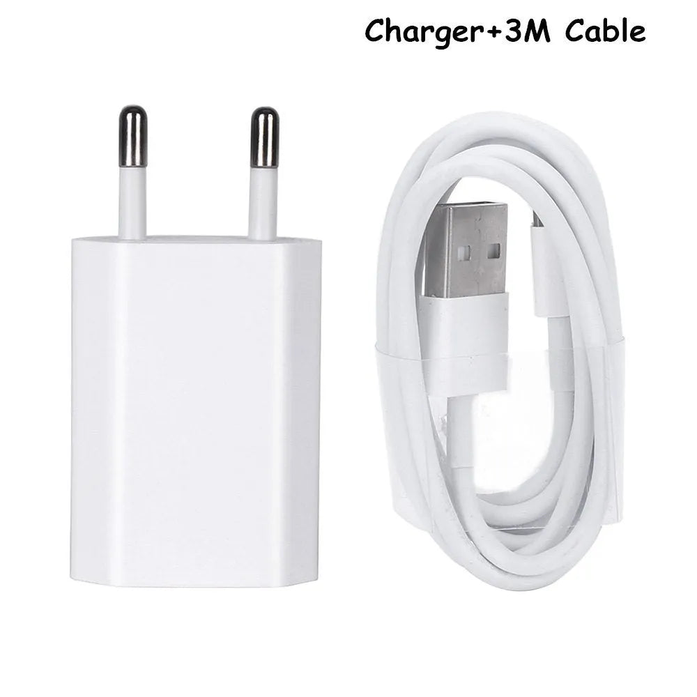 White USB travel charger and cable for iPhone and iPad models, showing 5V 2A output specification.