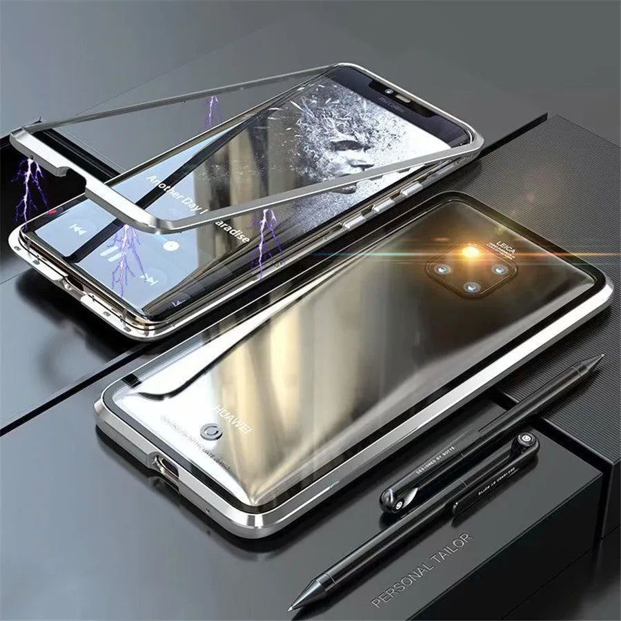 Magnetic Huawei phone case with metal frame and clear tempered glass back