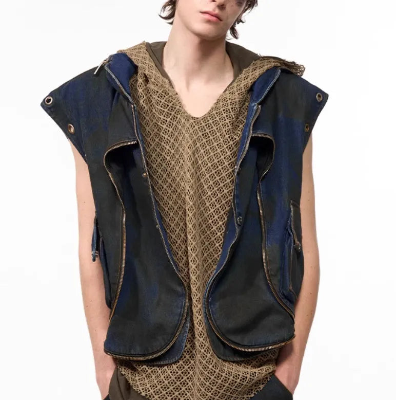 Blue hooded denim vest coat and matching trousers set with zipper front closure