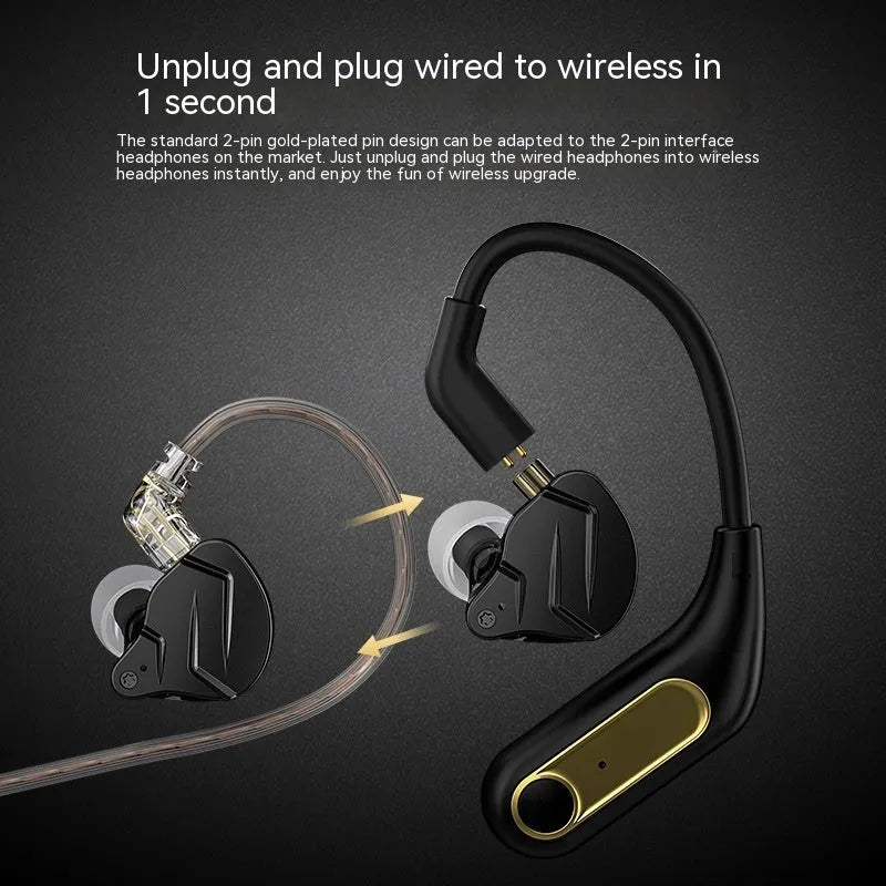 Black wireless Bluetooth headphones with Qualcomm 5.2 chip, ear-mounted design, and charging box on display