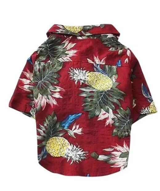 Hawaiian dog style shirt in cotton with multicolor print on a white background, sizes XS to XXL