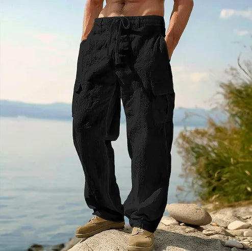 Men's cotton wide-leg casual trousers in light army green colour with mid-waist design