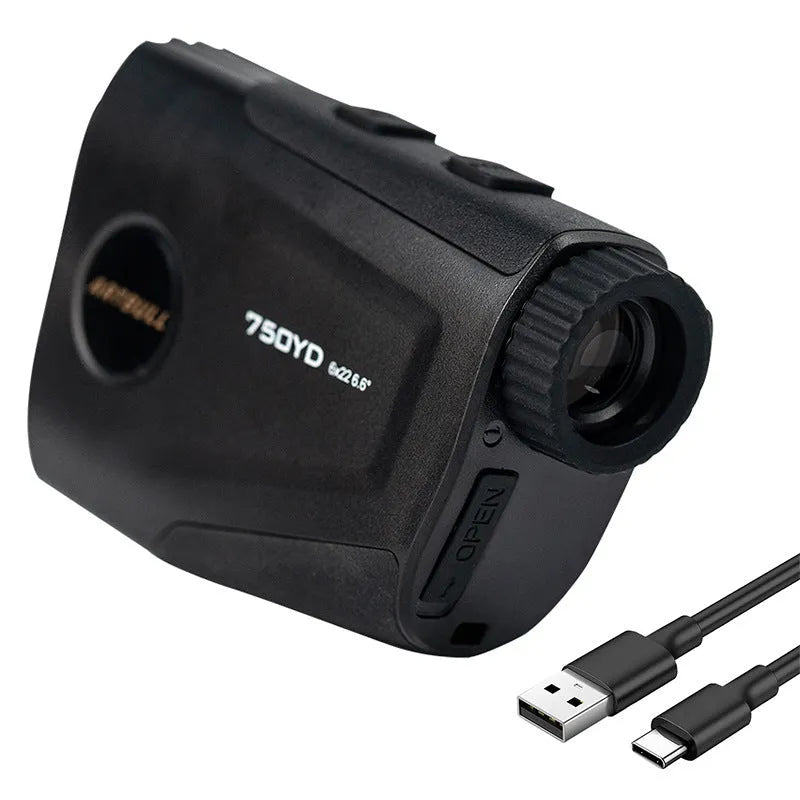 Golf laser rangefinder with LCD display showing distance measurement, featuring flag lock and slope compensation functions
