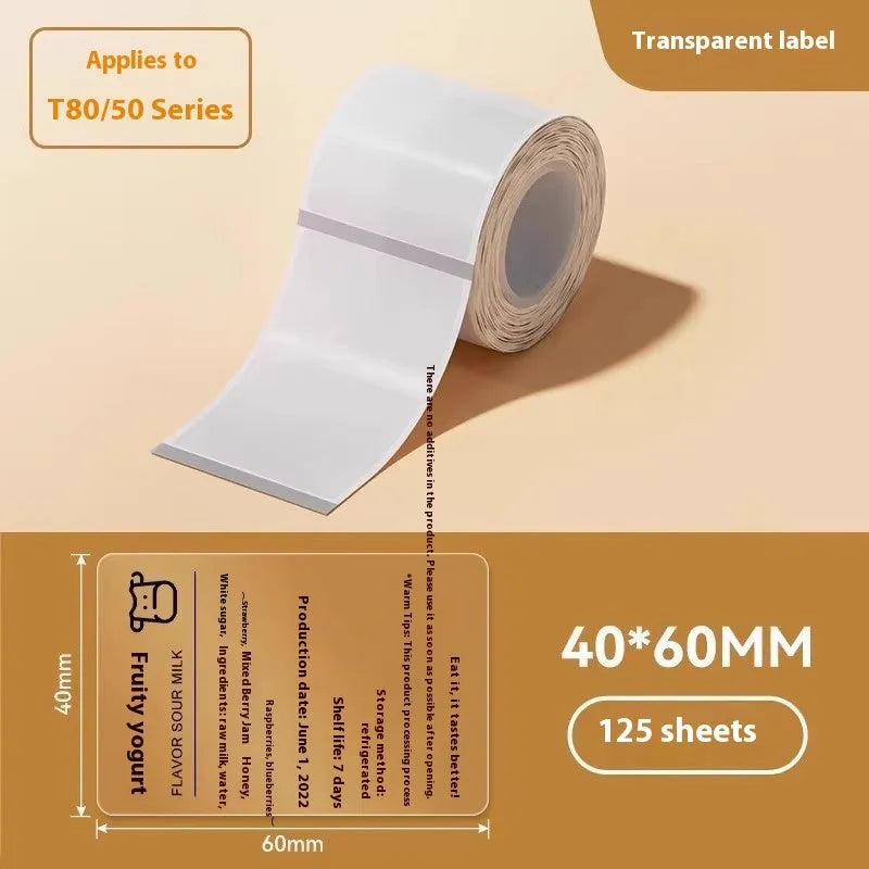 Transparent waterproof adhesive labels in multiple sizes including rectangular and circular formats