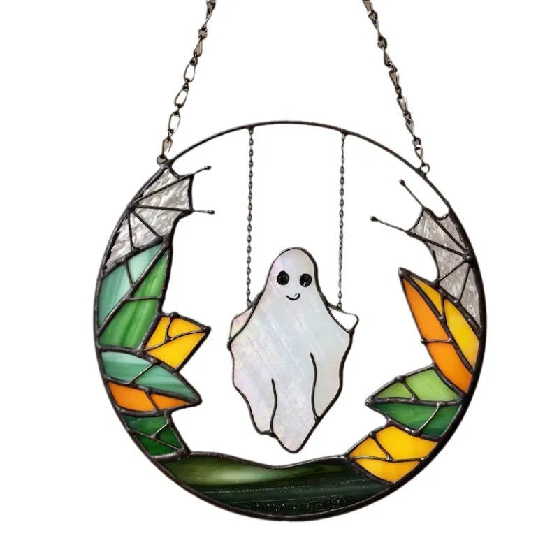 Halloween witch metal pendant with skull chain details, 20cm diameter, retro style