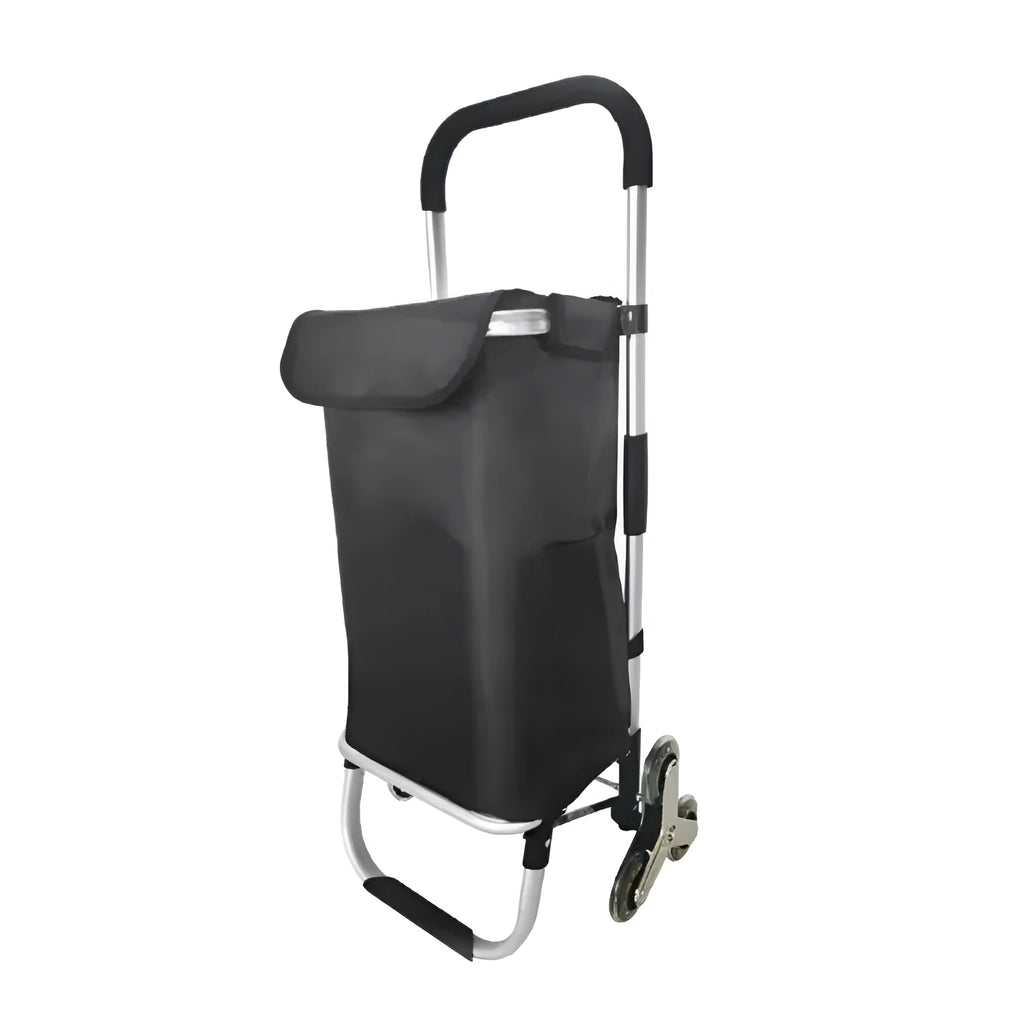 Black foldable shopping trolley bag with aluminium frame and 20cm casters