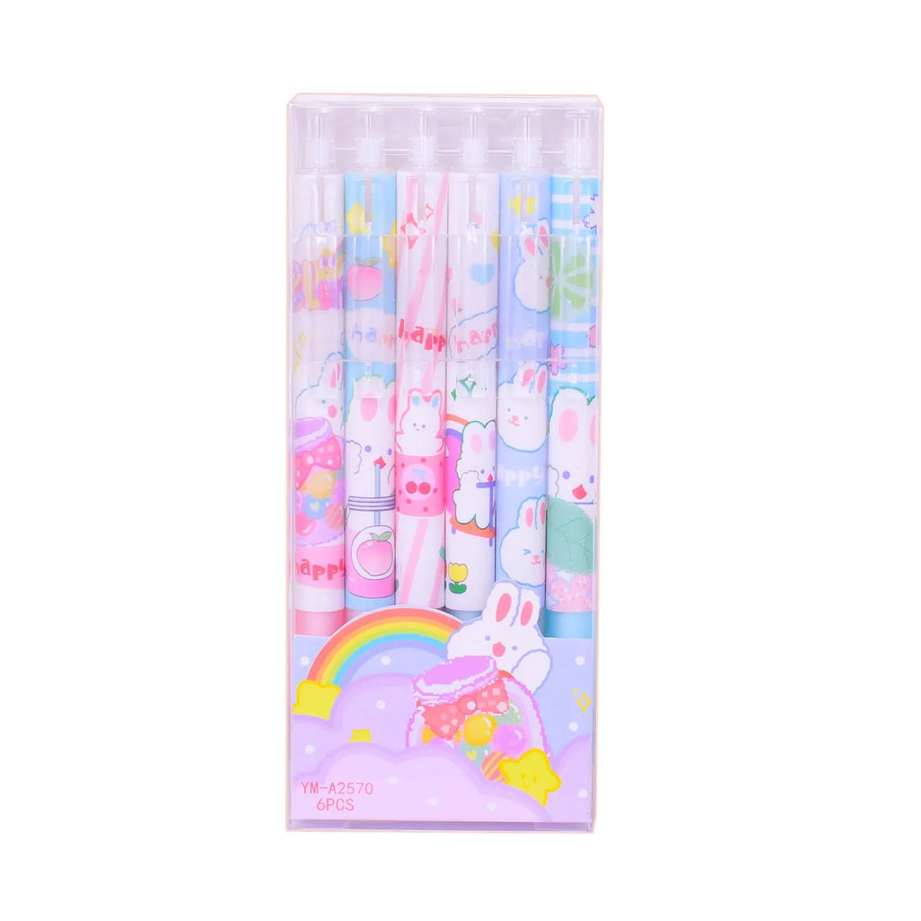 Six cartoon bunny design pens with 0.5mm black ink refills for student and office stationery