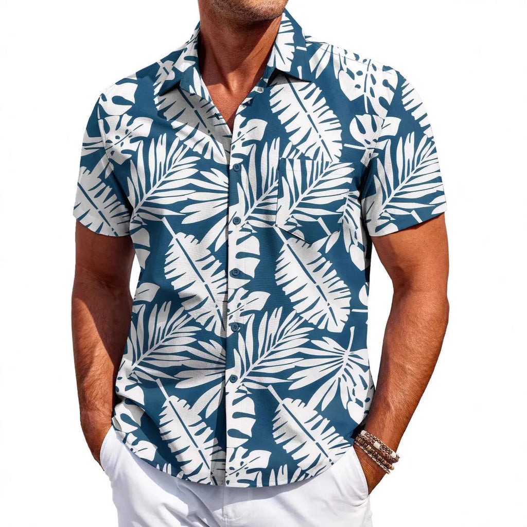 Men's slim fit Hawaiian short sleeve shirt in elastic polyester fabric