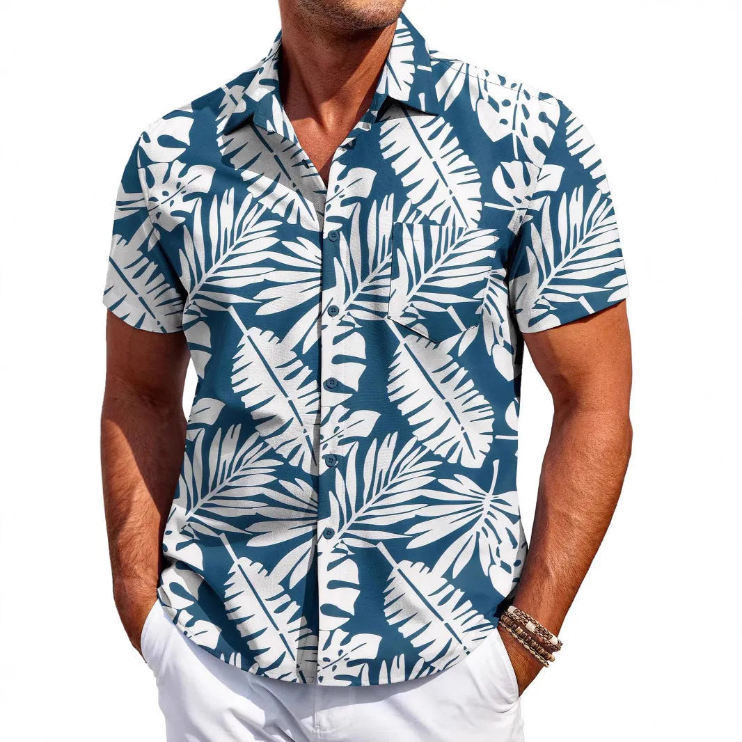 Men's slim fit Hawaiian short sleeve shirt in elastic polyester fabric