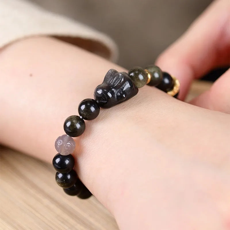 Handmade Chinese national style obsidian bracelet with lying rabbit pendant and mixed material beads