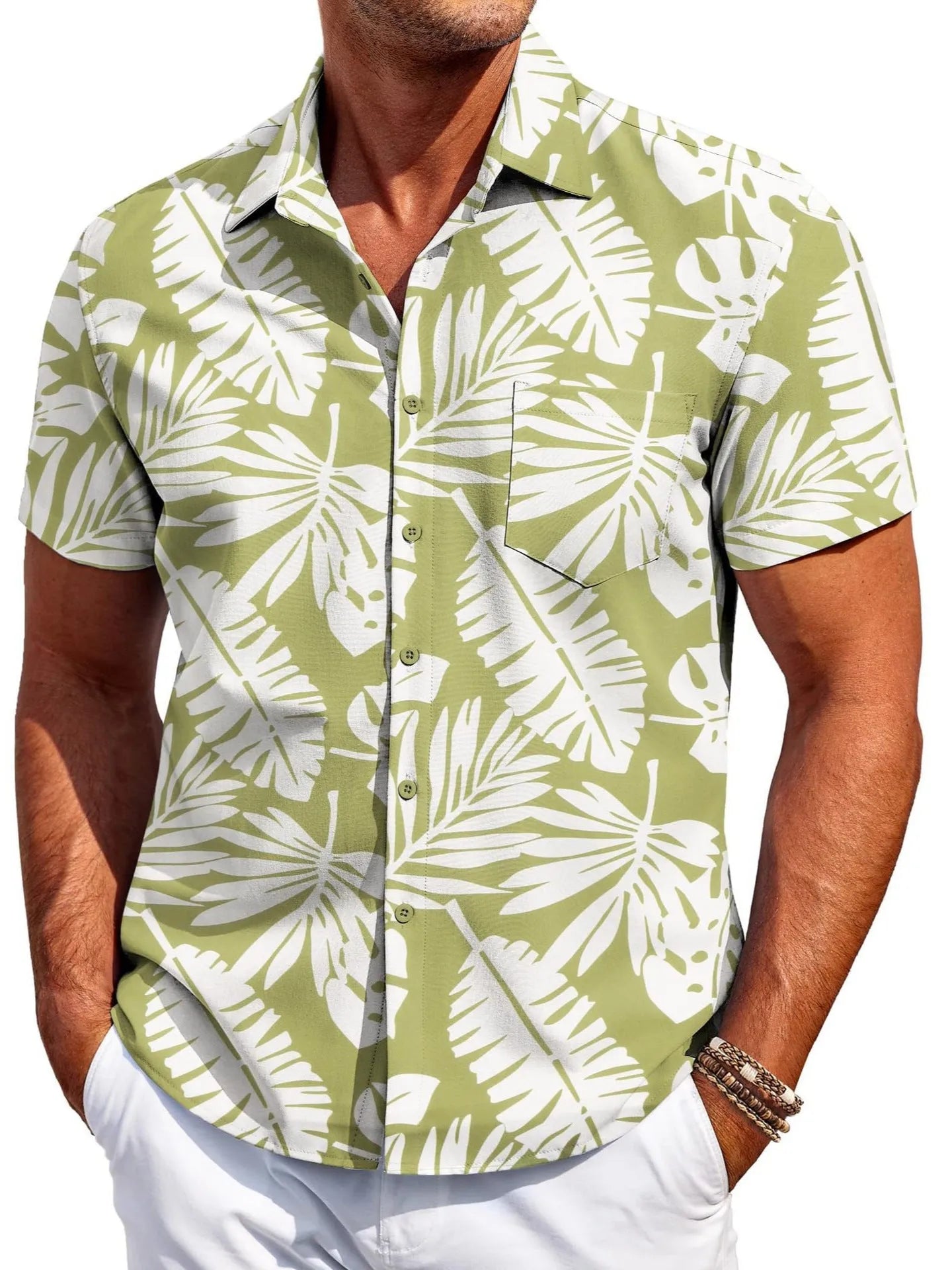 Men's slim fit Hawaiian short sleeve shirt in elastic polyester fabric