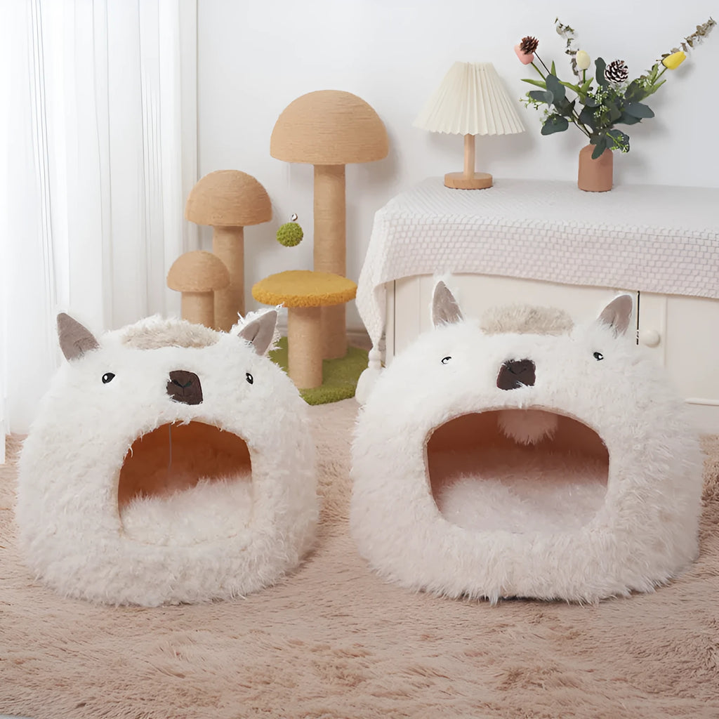 White lion velvet yurt-style pet cushion bed for cats and small dogs, winter warm bedding