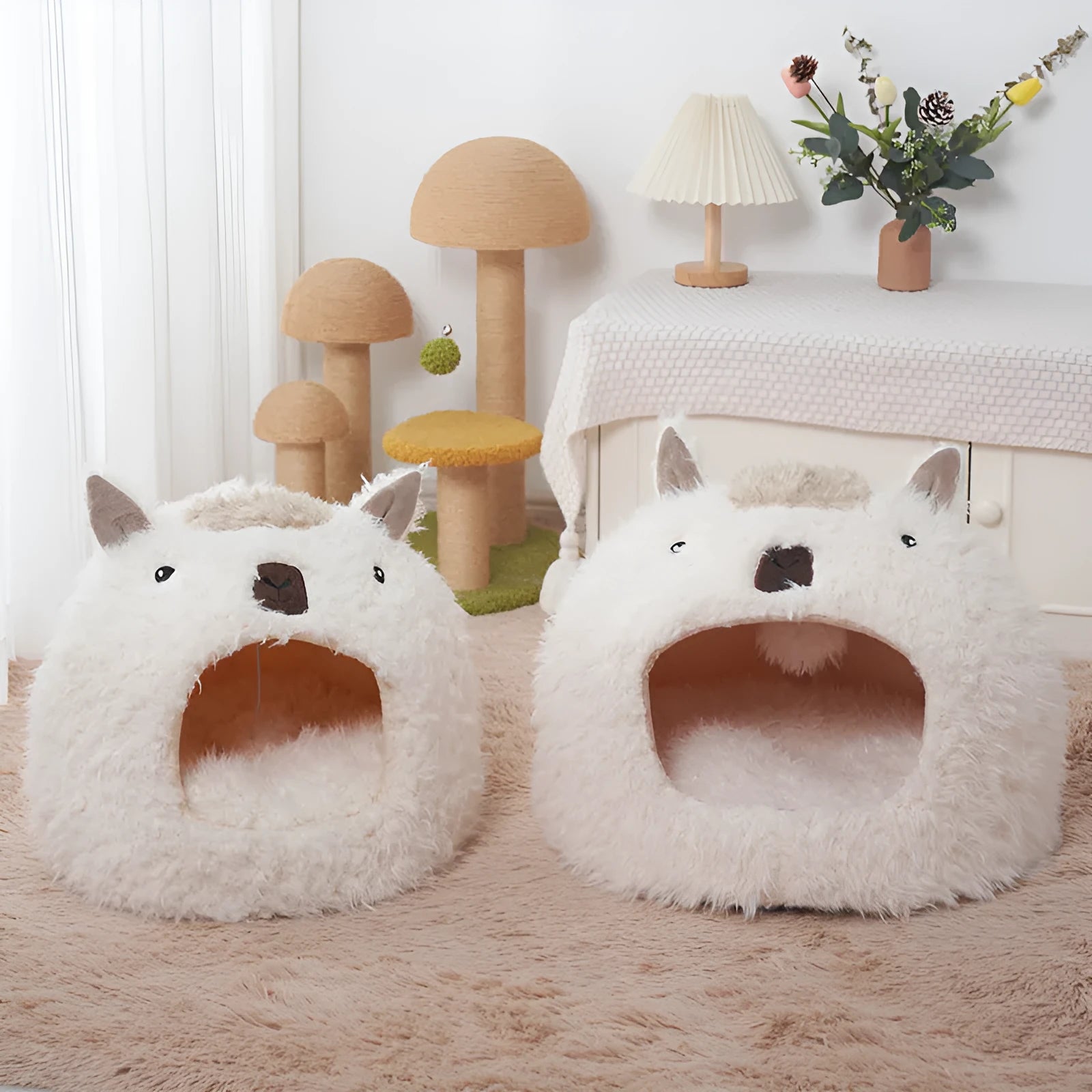 White lion velvet yurt-style pet cushion bed for cats and small dogs, winter warm bedding