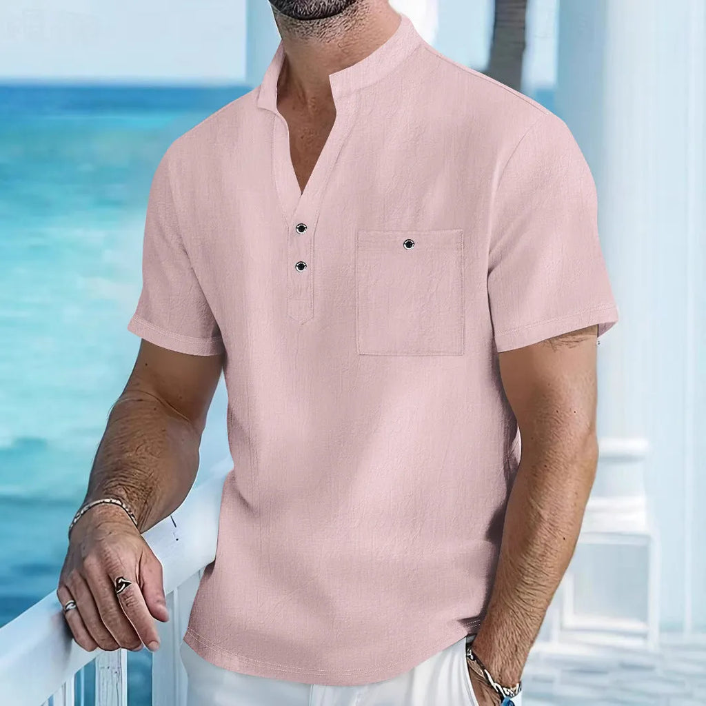 Men's linen stand collar t-shirt in loose fit with short sleeves