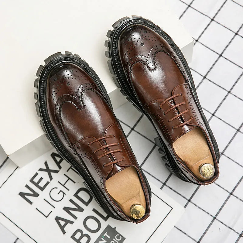 Men's black and brown brogue shoes with round toe and classic business styling