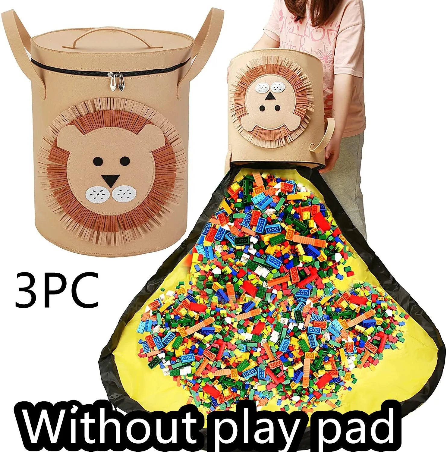 Green felt cube storage bag with pull rope, laid flat as a play mat for toys.
